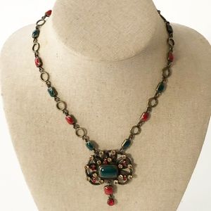 VTG Sarah Coventry Jeweled Pendant Statement Station Necklace Green Red Orange